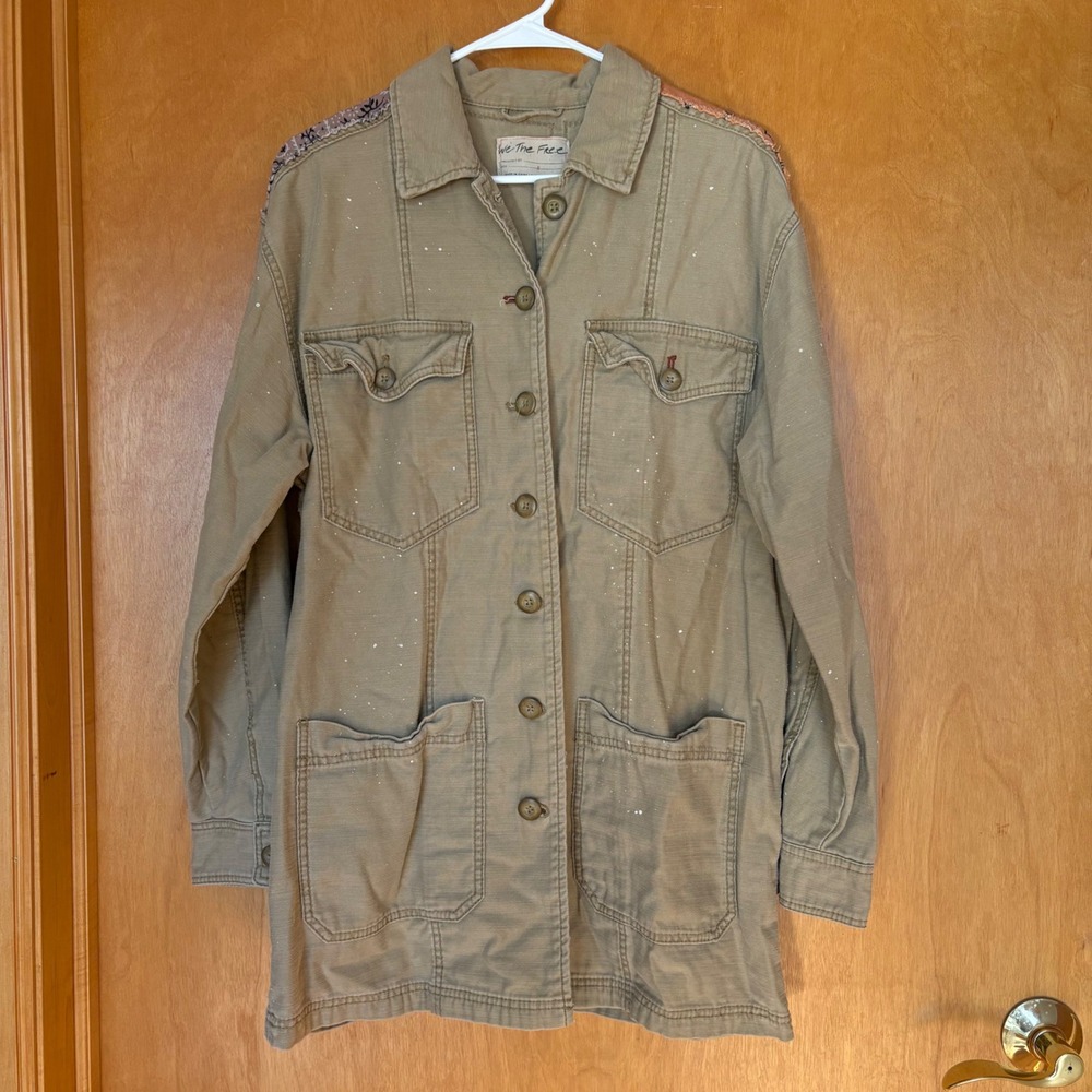 We The Free Patchwork Bandana Utility Jacket Women Size S Tan Paint Splatter